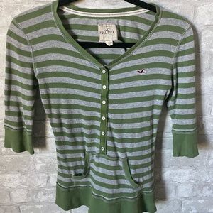 Gray and green striped Henley. 3/4 length sleeves, good condition, no holes.